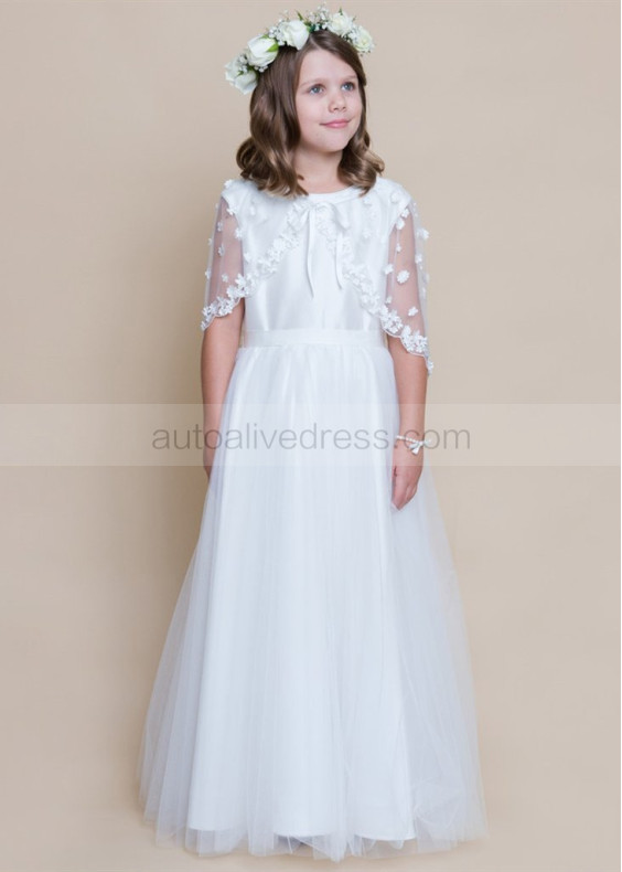 Ivory Satin Tulle Flower Girl Dress With Floral Cape